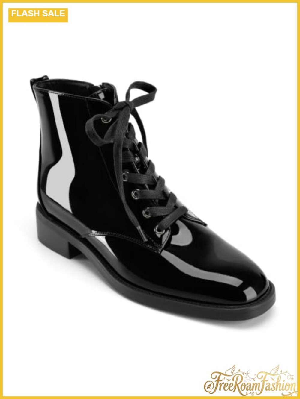 Womens Lace Up Combat Boots Chunky Low Heel Patent Leather Ankle Booties